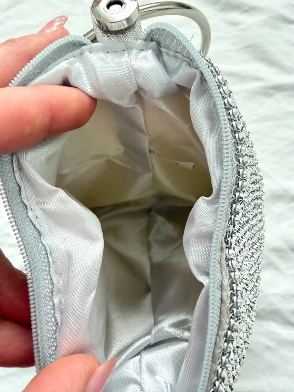 Silver Rhinestone Circle Handle Soft Handbag | Fits iPhone 17 Pro Max - Picture 8 of 12